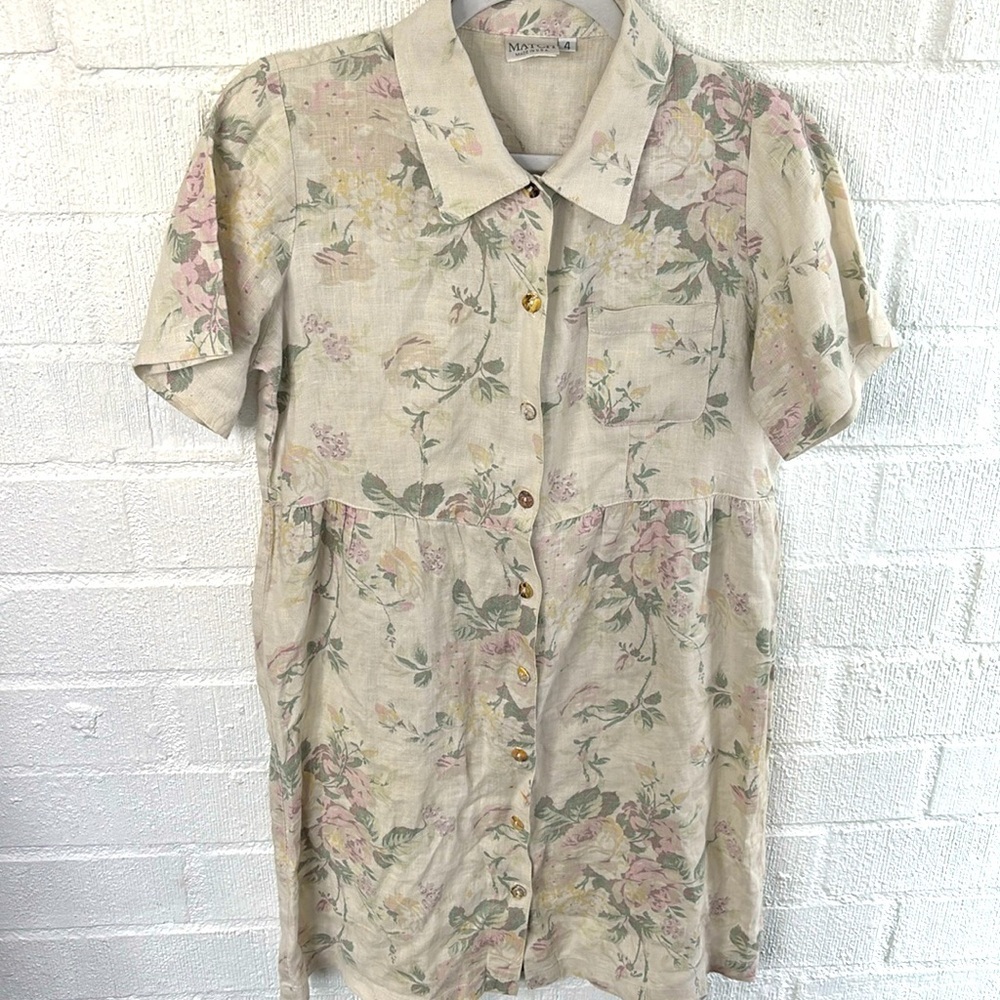 Match Linen Floral Button Down Knee Length Dress size 4